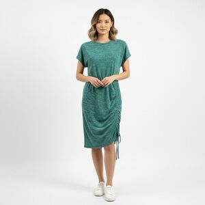 Teal Gathered Midi Dress Ruched Side Short Sleeve Soft Touch Oversized Small